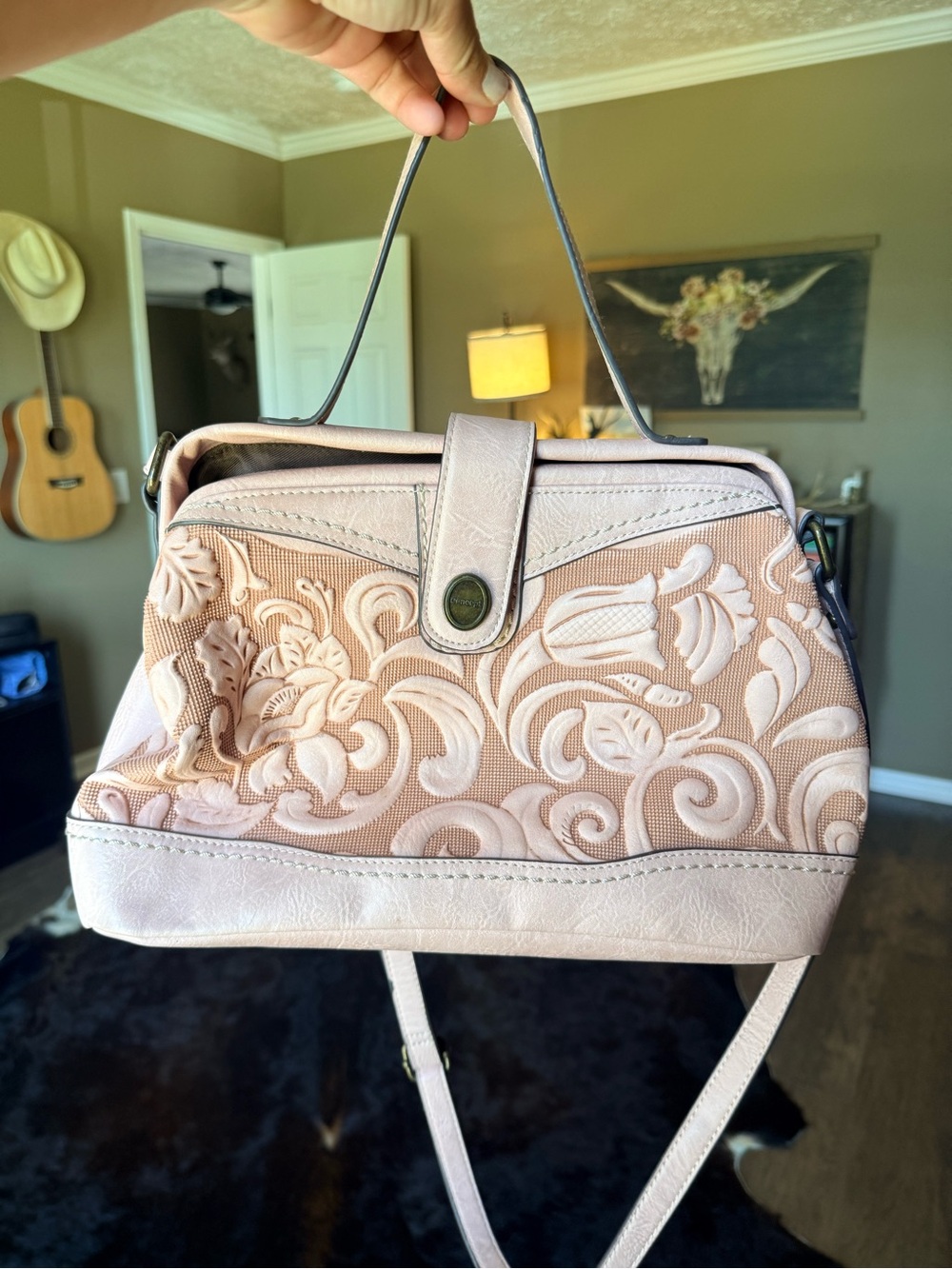 Born Concept Blush Pink Floral Embossed Top-Handle Crossbody Bag